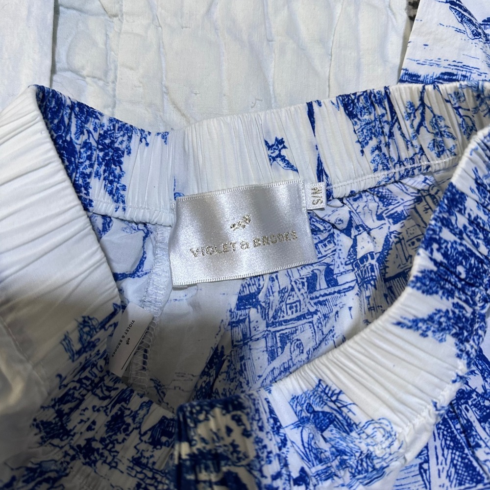 Violet & Brooks Toile Pajama Pants Blue White Wide Leg S/M - Picture 2 of 3